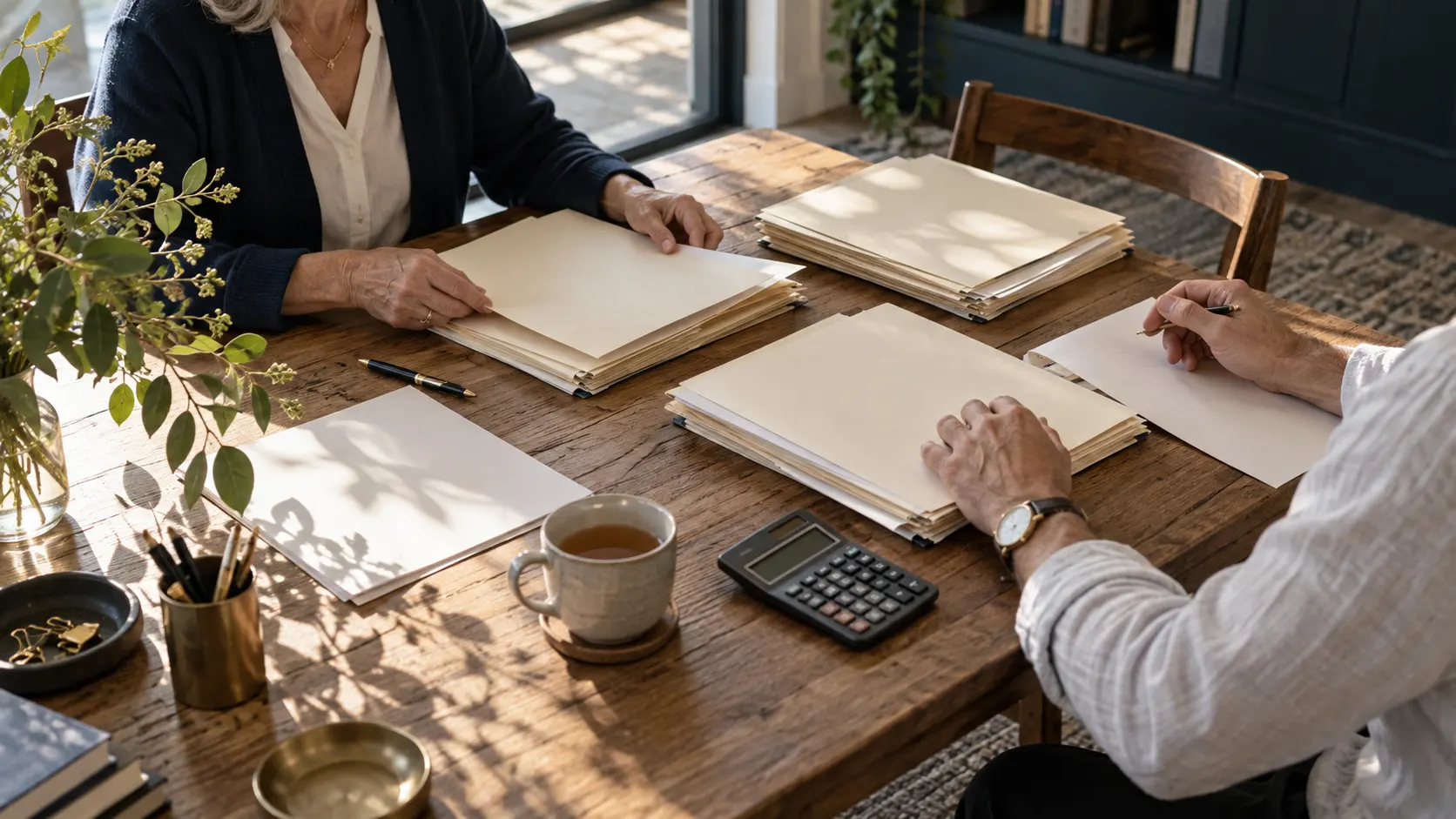 A household-record conversation at a sunlit oak table.