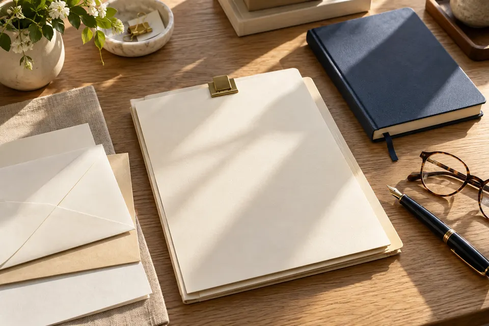 Cream paper folders and a navy notebook.