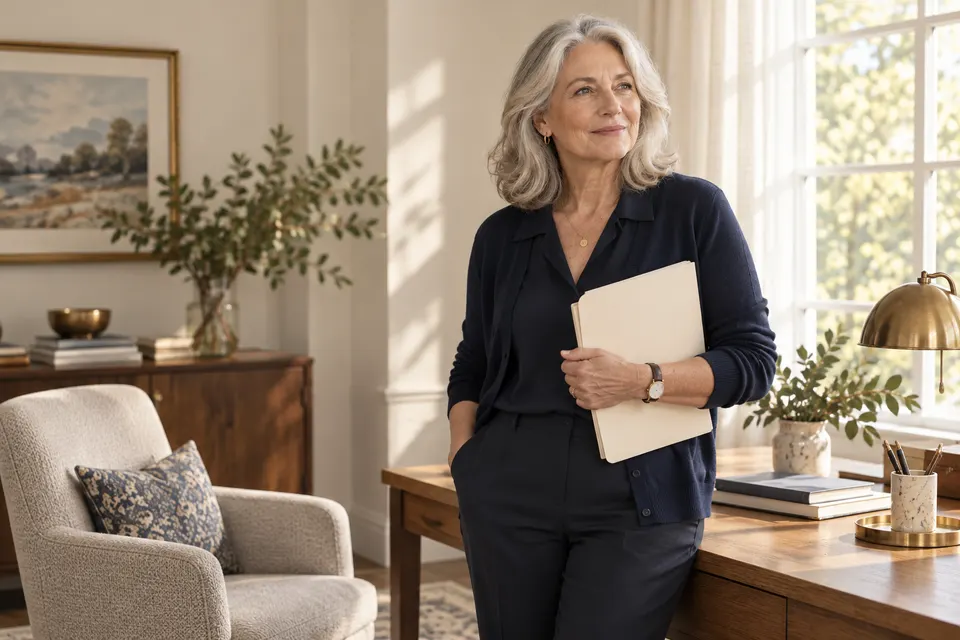 An older woman holding a folder beside a sunlit office desk.