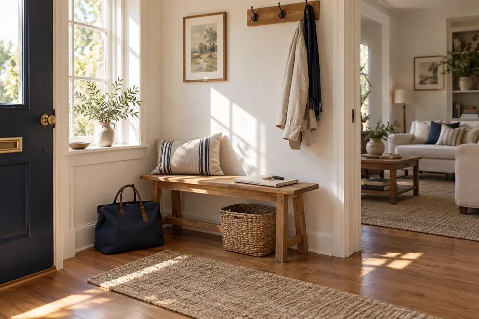 A work bag and folder beside a bright hallway bench.