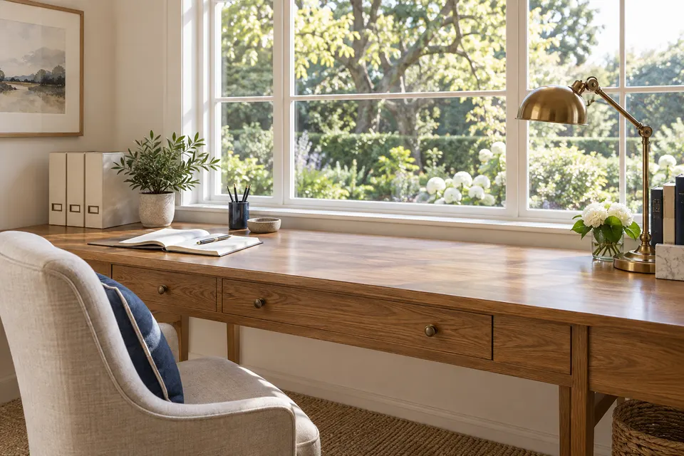 A long oak writing desk beneath a bright garden window.