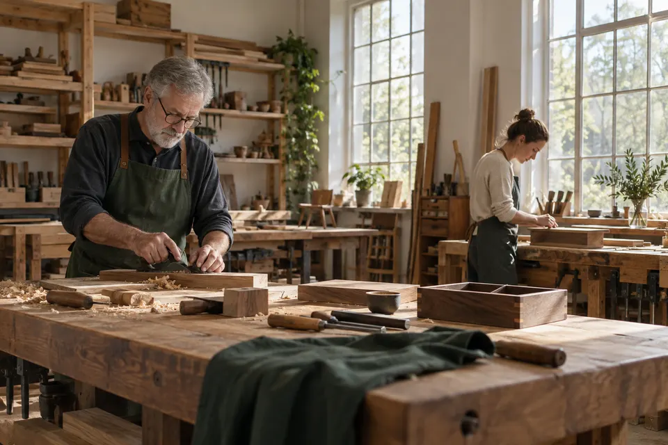 Two generations at work in a sunlit furniture workshop.