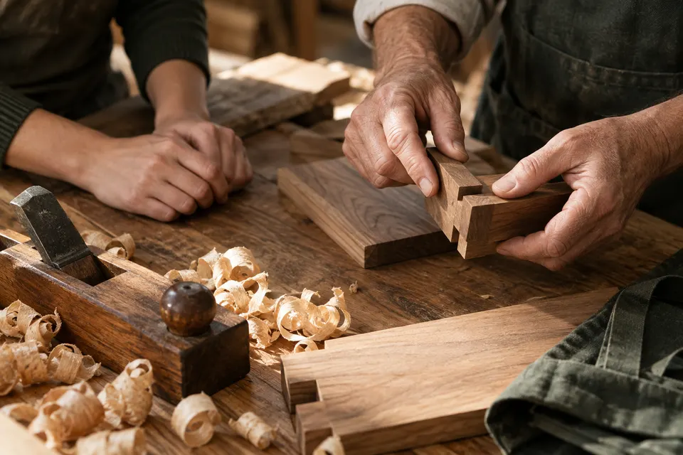 Older and younger hands examining a timber joint on a workbench.