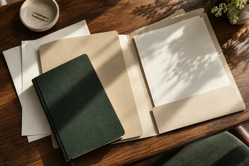 Correspondence and folders on a walnut table.