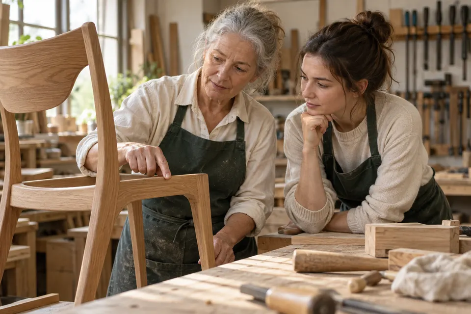 An older and a younger woman discussing the construction of a wooden chair.
