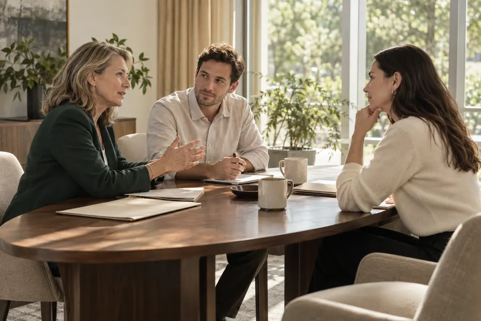 Three people listening and discussing around a walnut workspace table.