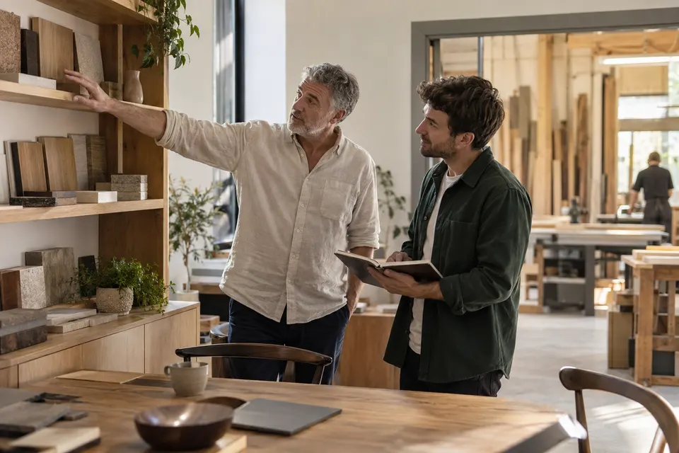 Two generations sharing business knowledge.