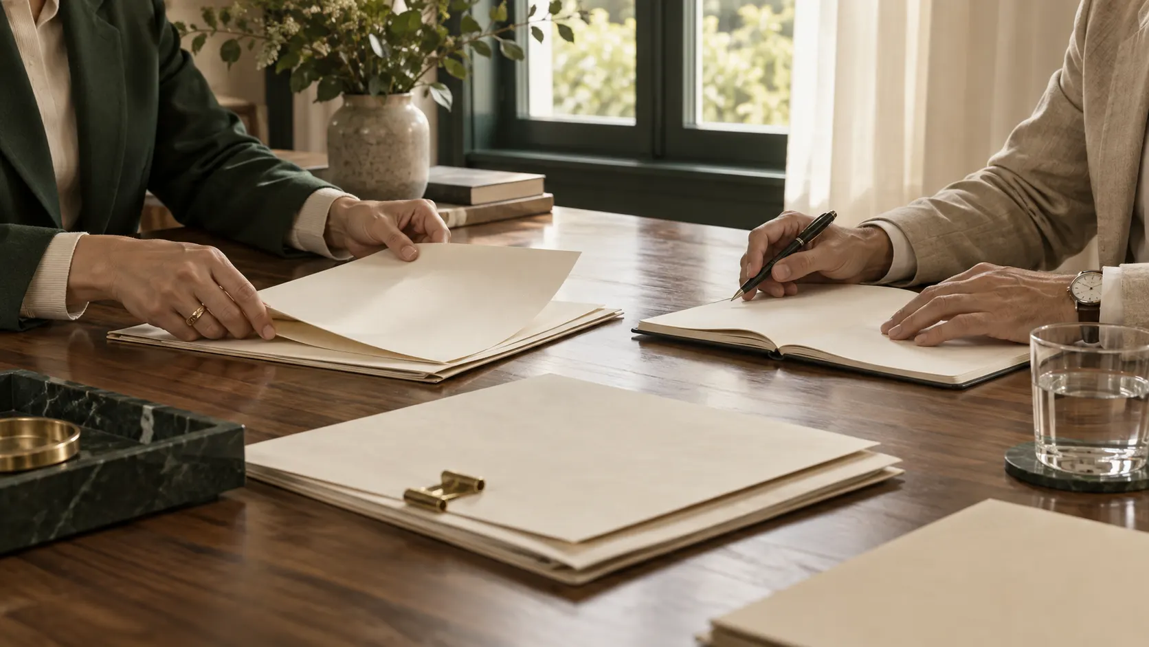 Hands arranging cream folders on a walnut meeting table.