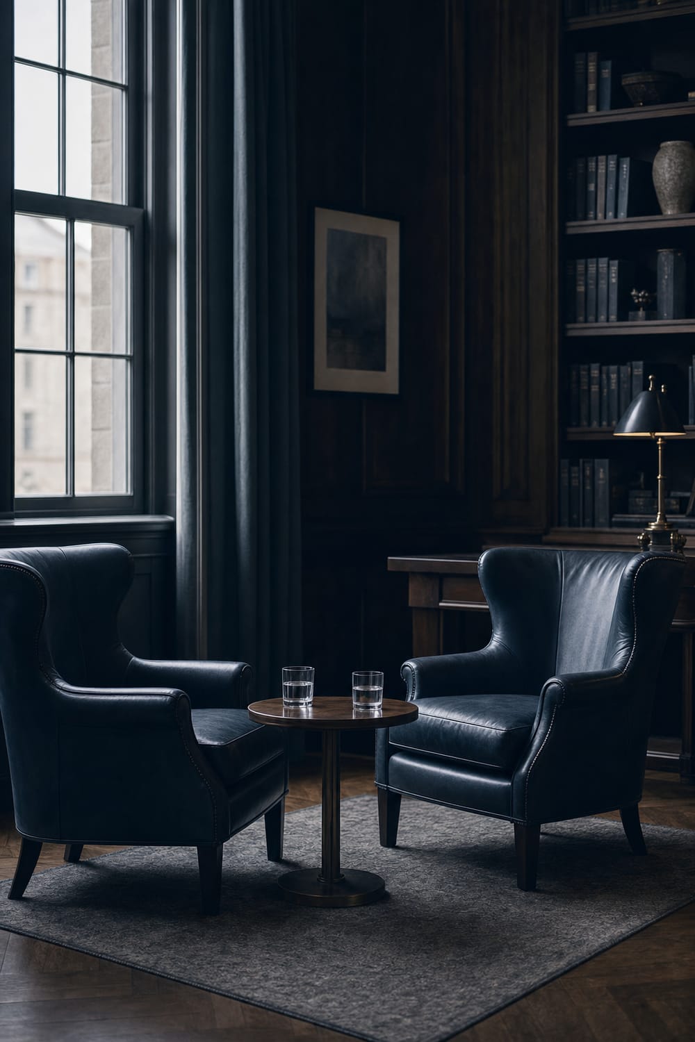 Two leather wingback chairs angled toward each other beside a tall window