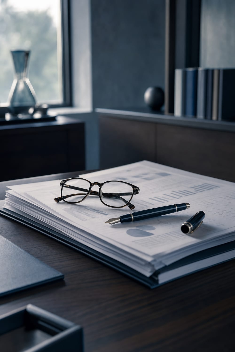 Reading glasses and a fountain pen resting on a stack of financial documents