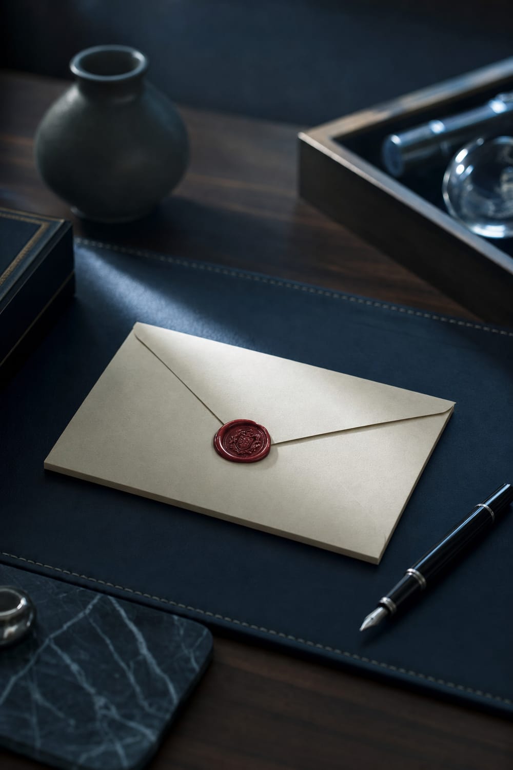 A cream envelope sealed with red wax on a leather desk blotter