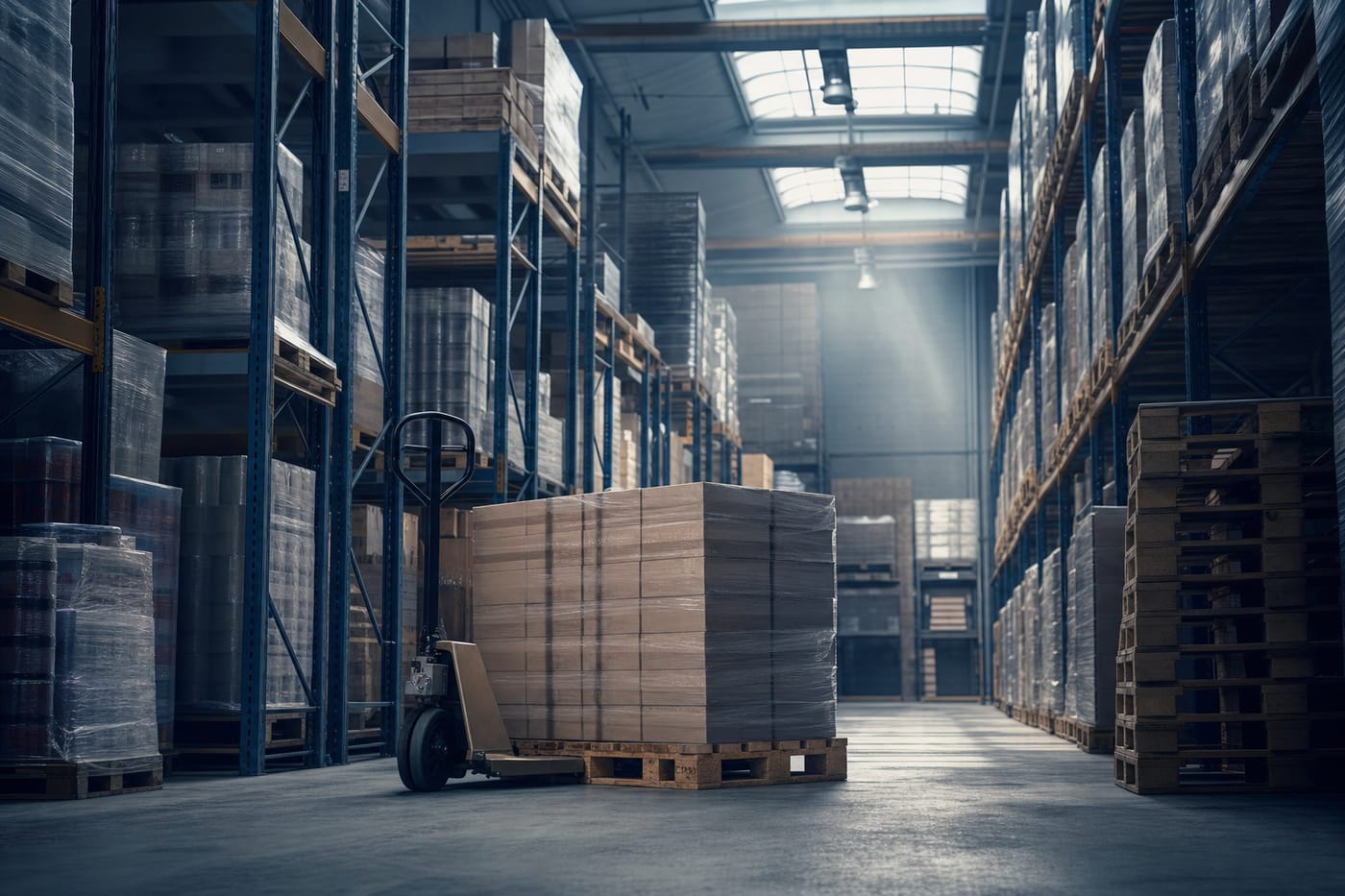 Tall warehouse aisles stacked with wooden pallets in cool daylight