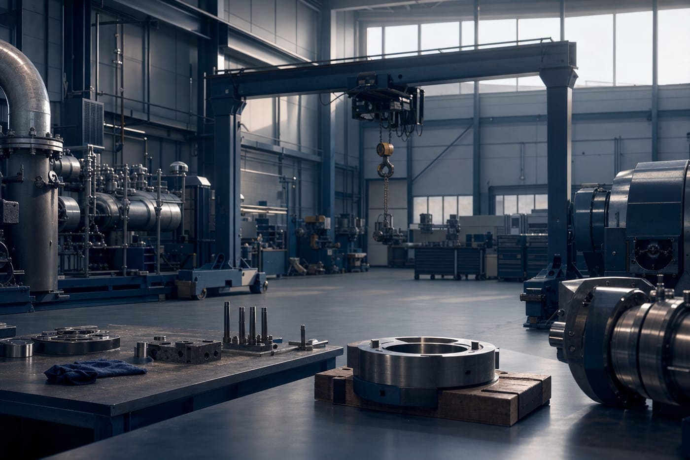 An industrial service bay with heavy steel machinery under cool light