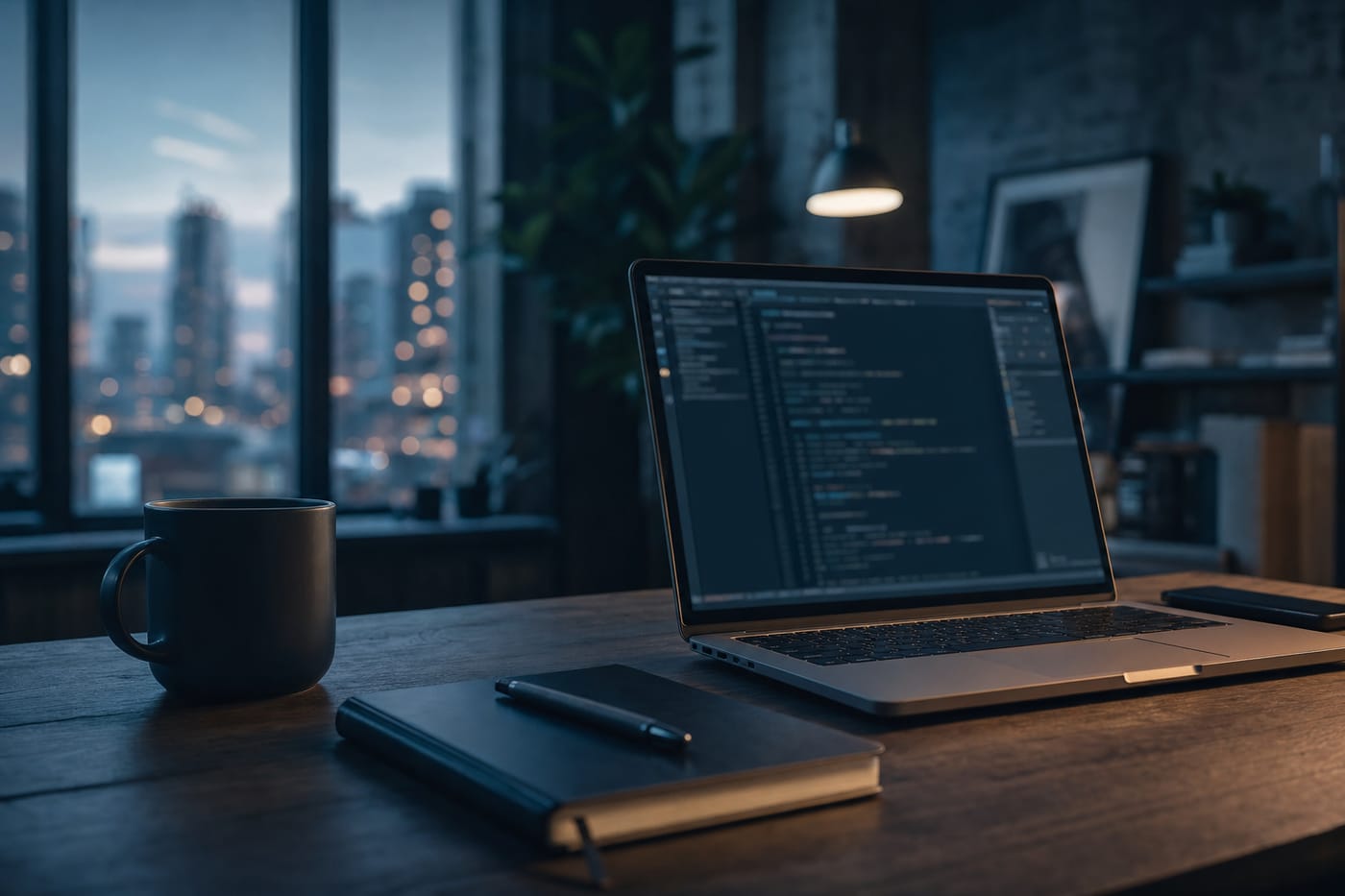A quiet loft office at dusk with a softly glowing laptop
