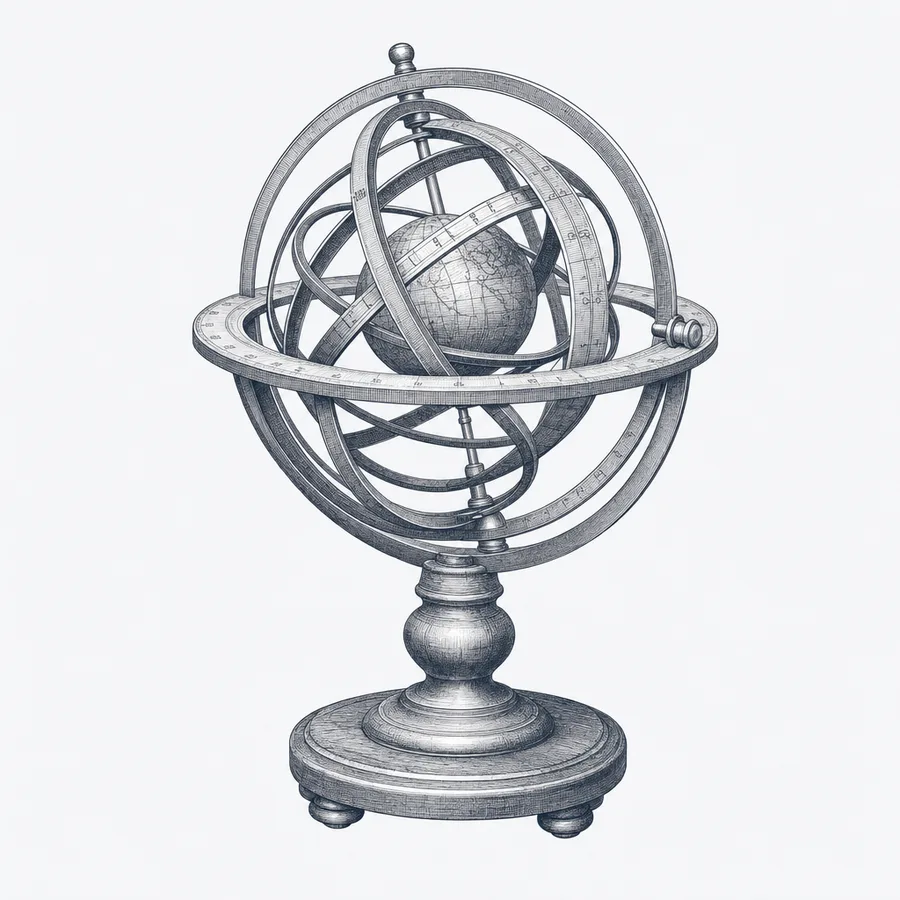 Copperplate engraving of an armillary sphere on a wooden desk stand