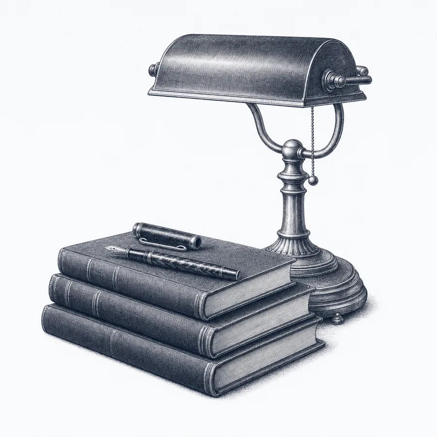 Copperplate engraving of a partner’s writing desk with a banker’s lamp, fountain pen, and clothbound ledgers