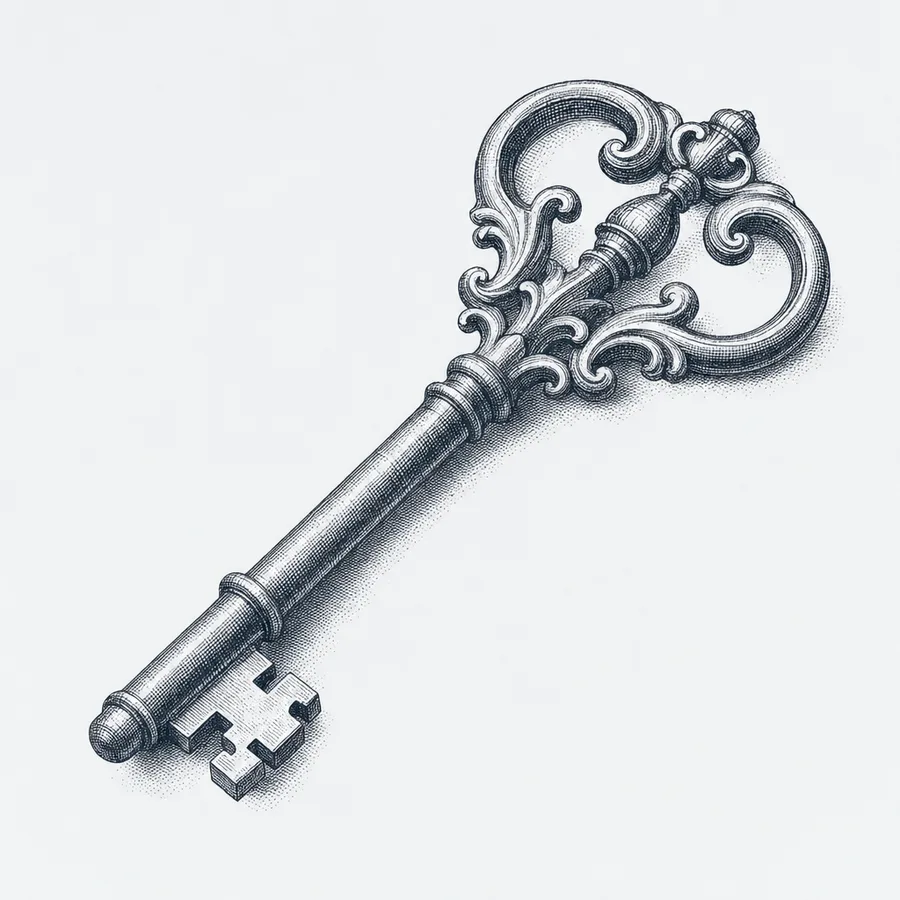 Copperplate engraving of an ornate antique door key