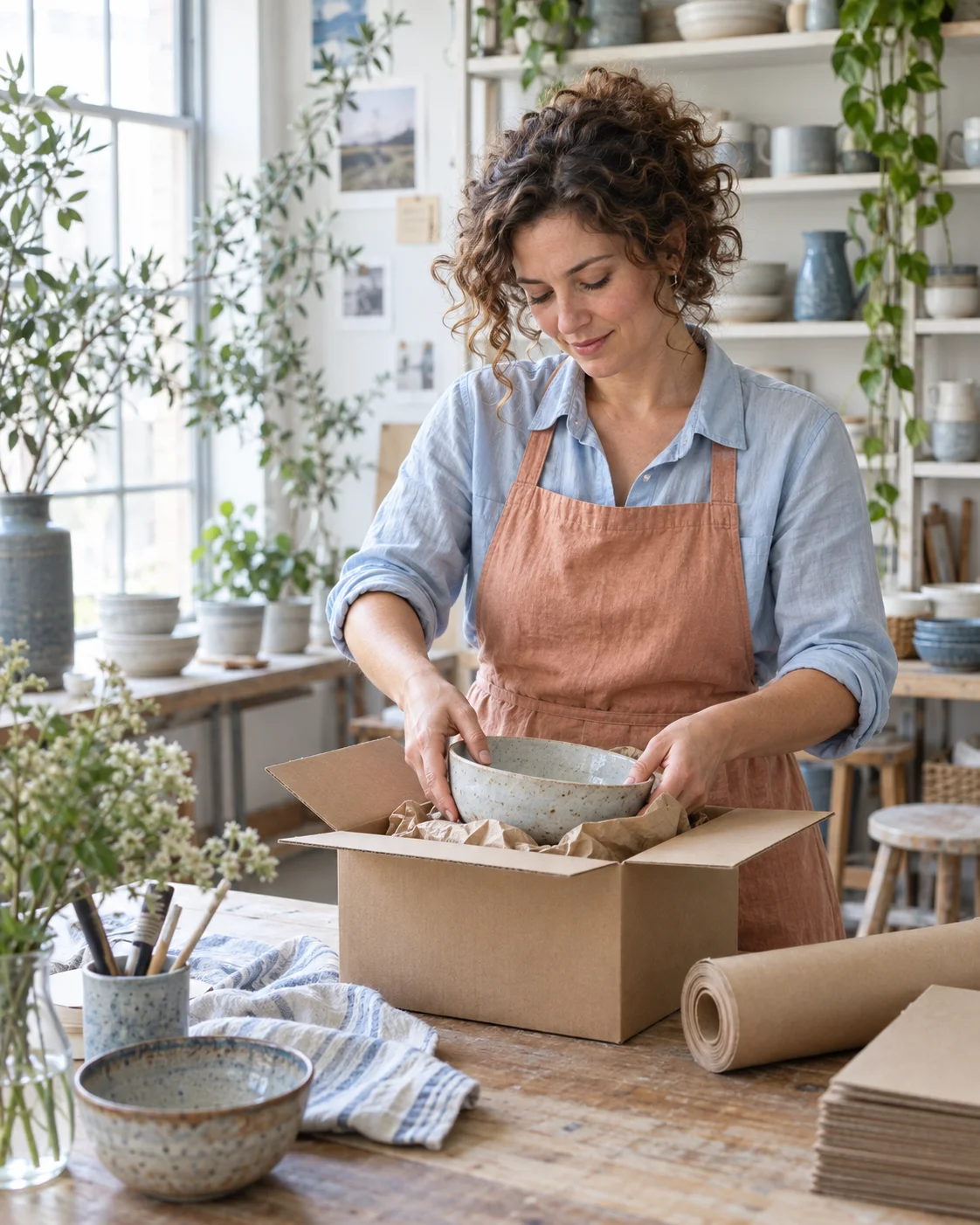 Online-shop owner carefully packing a ceramic bowl in a bright workshop.