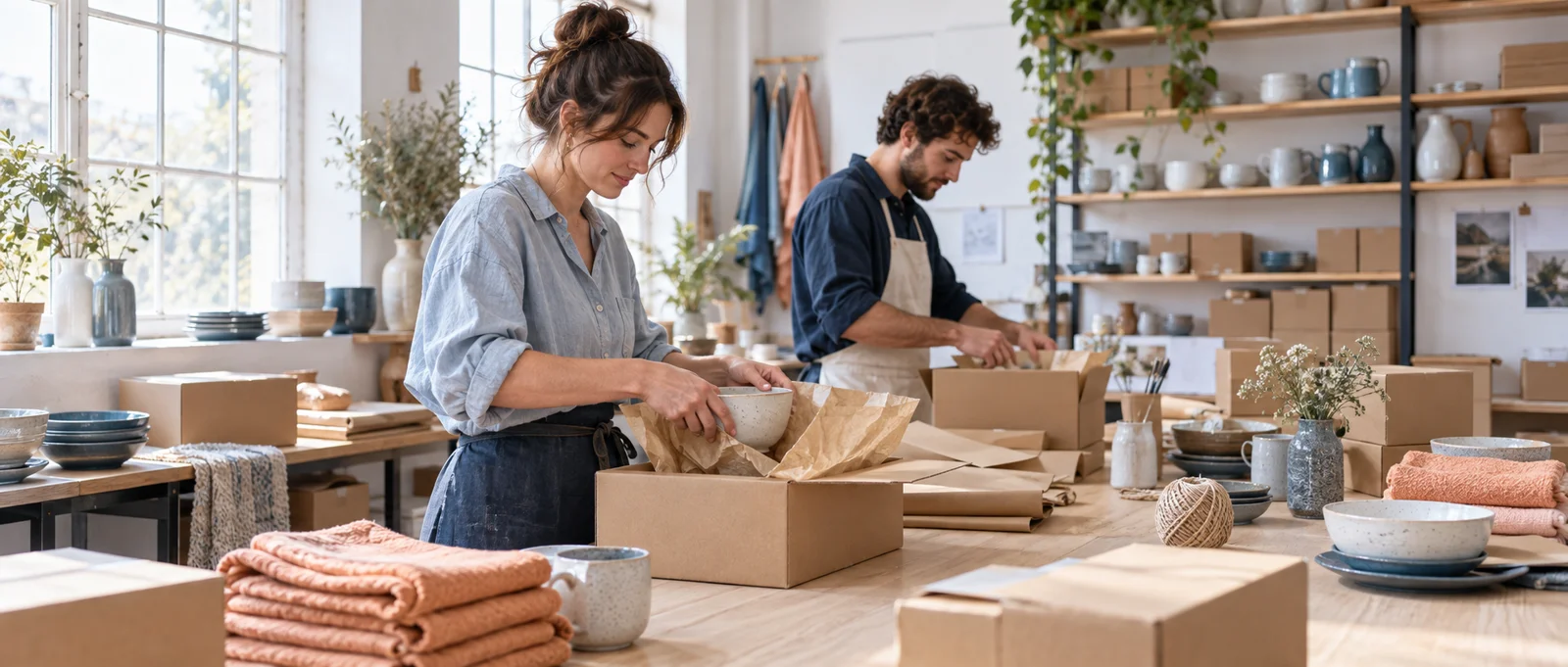 Two shop colleagues packing homeware orders at a long workshop table.