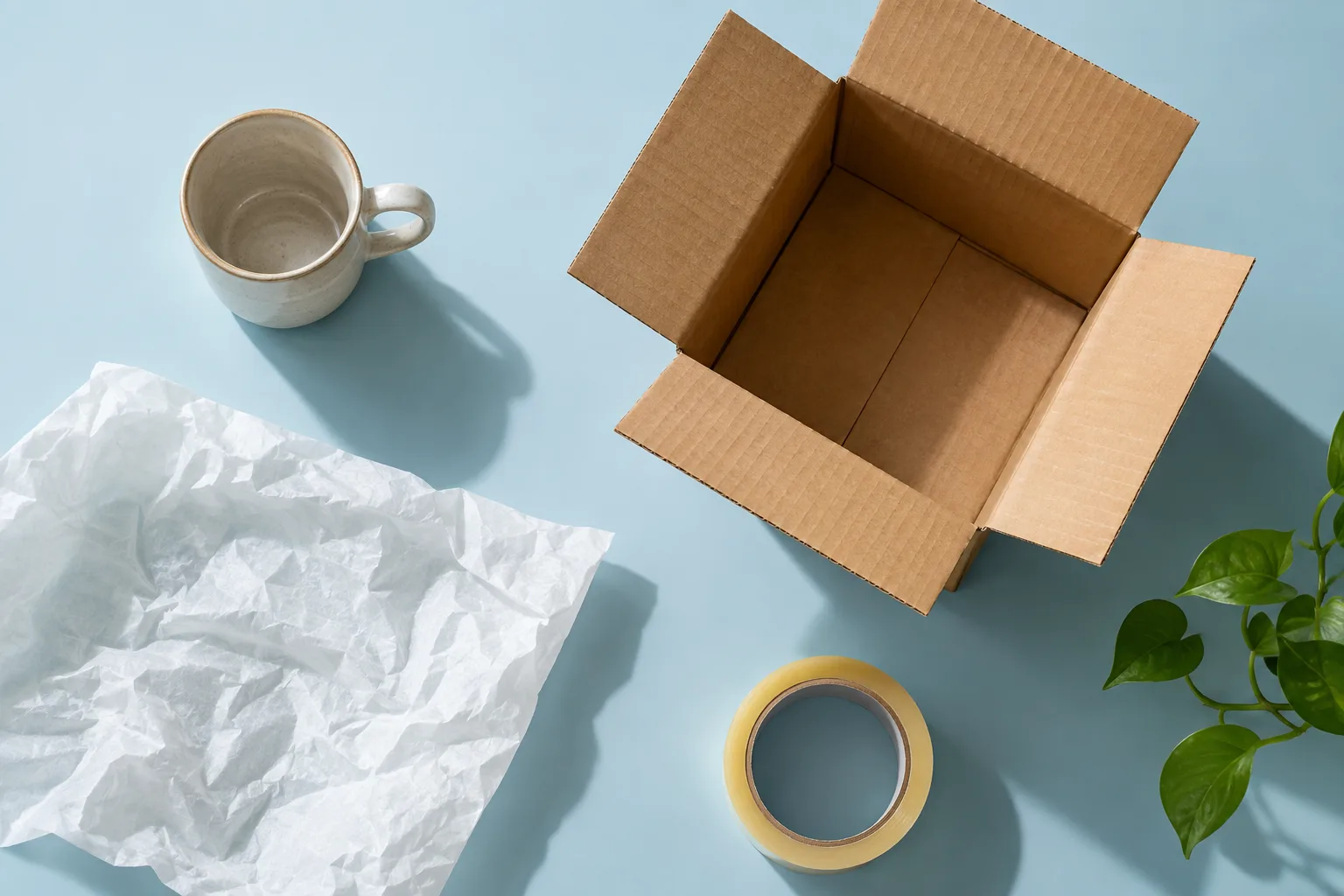 A ceramic mug, box, tissue and tape on a pale blue tabletop.