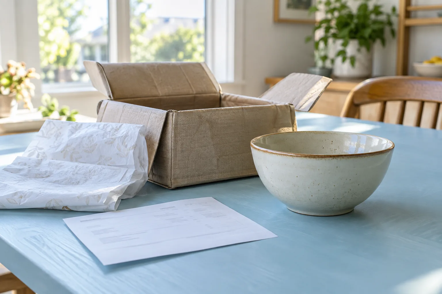 A returned ceramic item beside its reusable packaging.