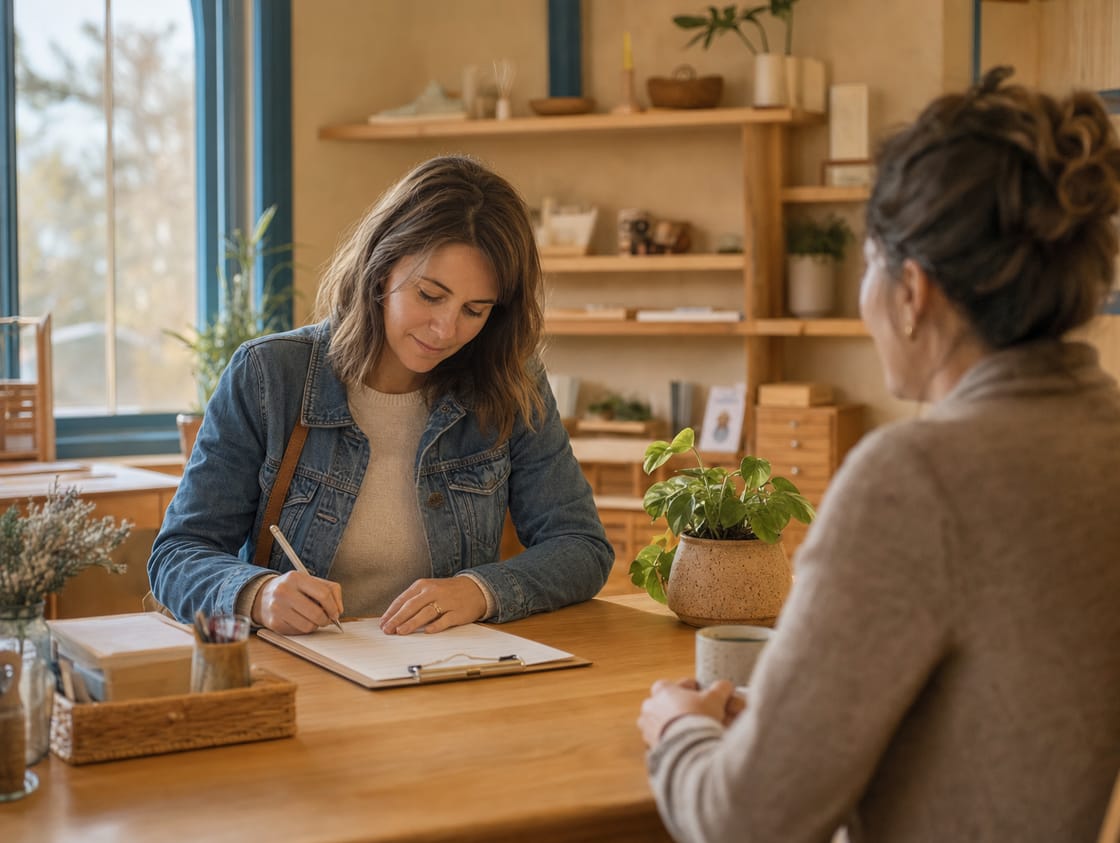 A parent filling out a short application at the desk in the school office.