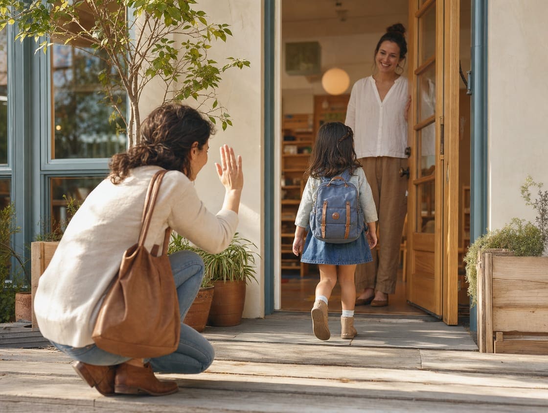 A mother waving goodbye as her child walks to the schoolhouse door with a small backpack.