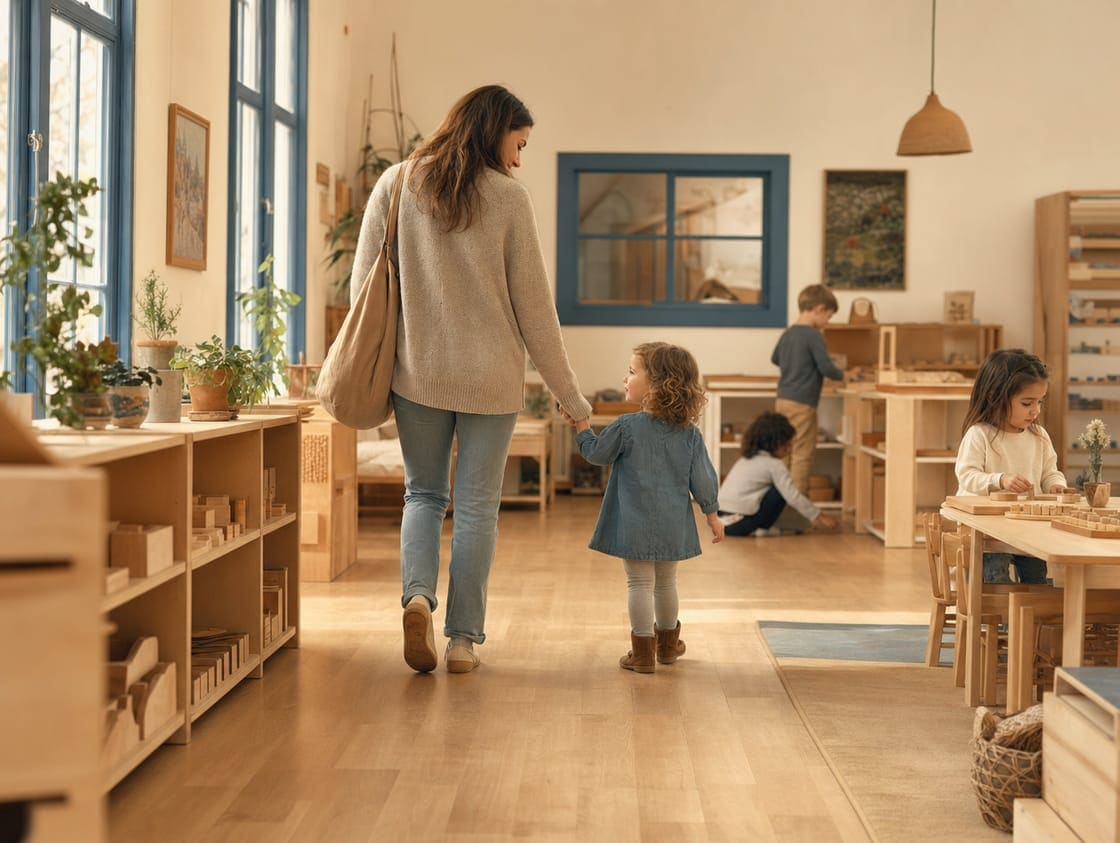 A mother holding her child's hand as they walk through the playroom, other children playing nearby.