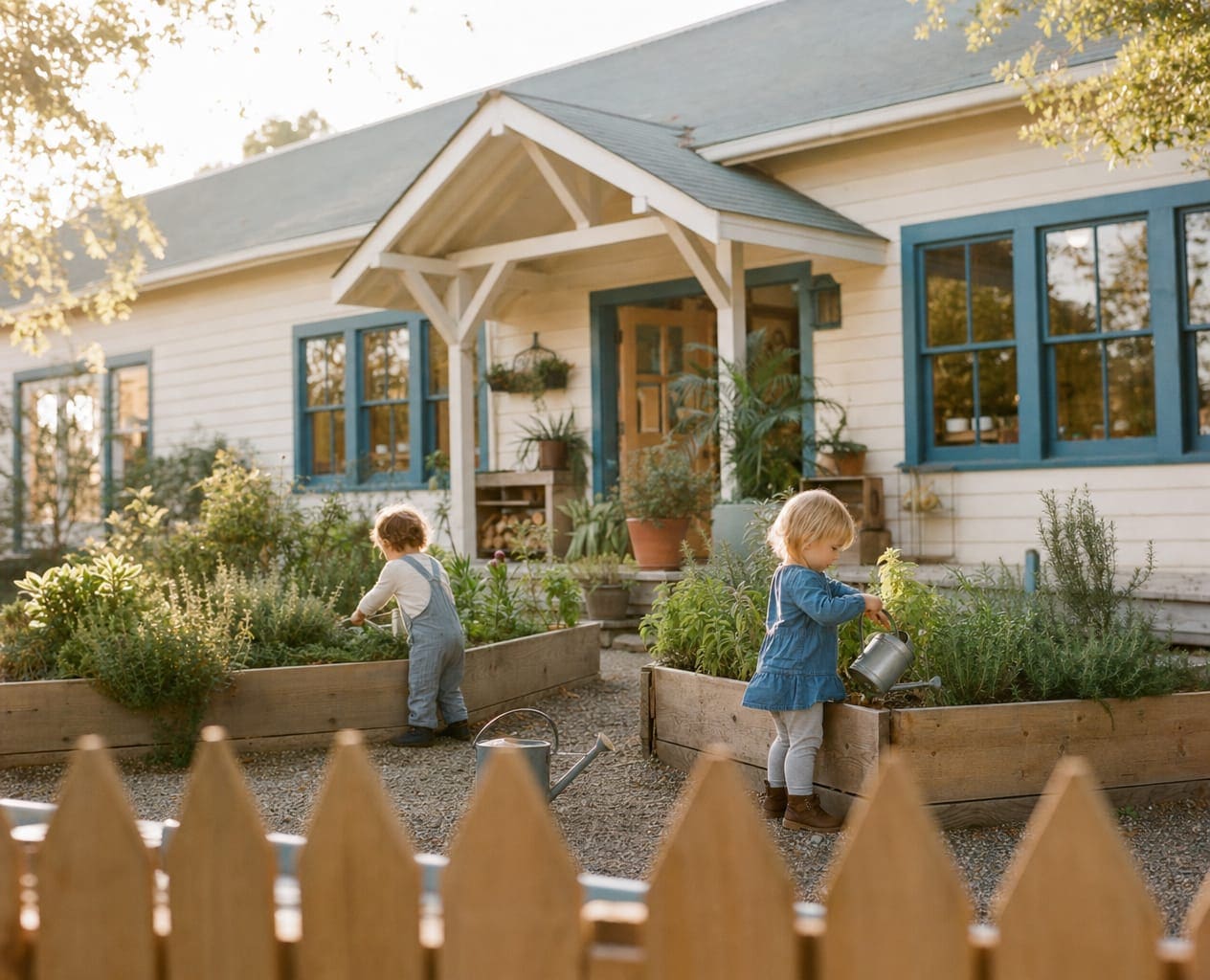 The fenced front yard: raised garden beds, watering cans, and children tending plants in the morning sun.