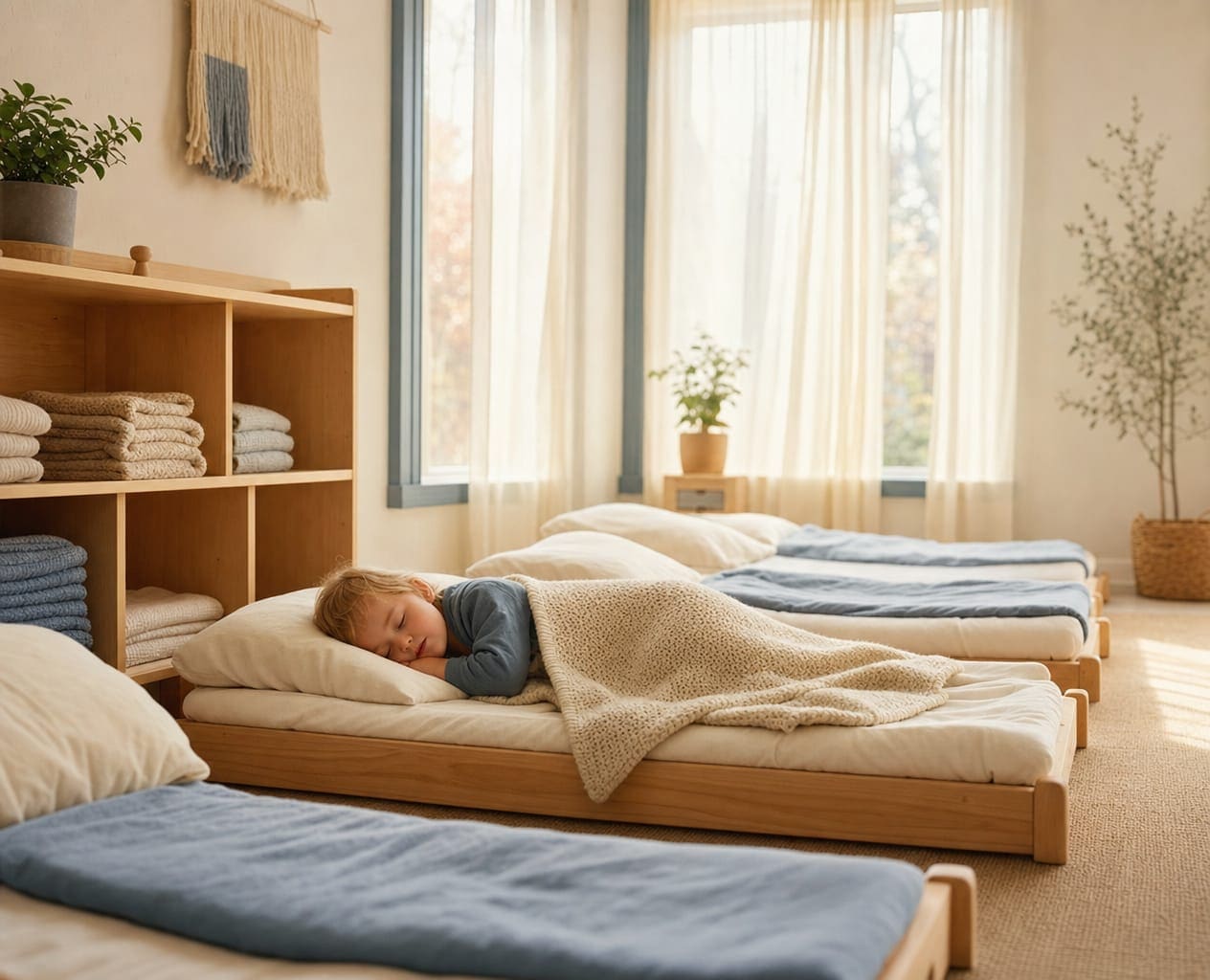 The quiet nap room: a row of low cots with soft linens under sheer, sunlit curtains.