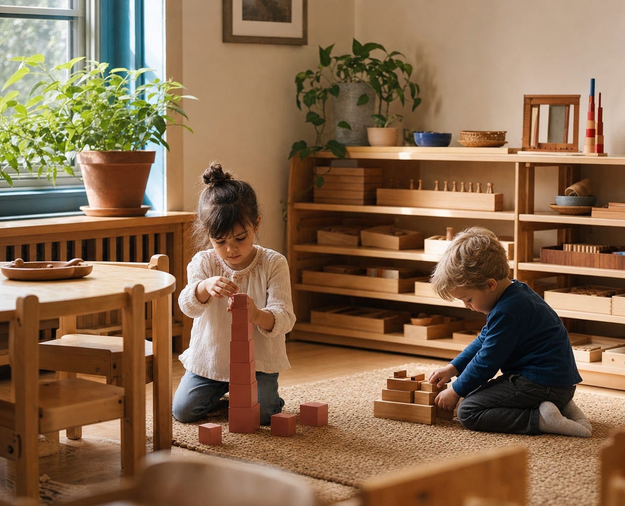 The playroom: low wooden shelves, child-sized tables, and children at play in warm window light.