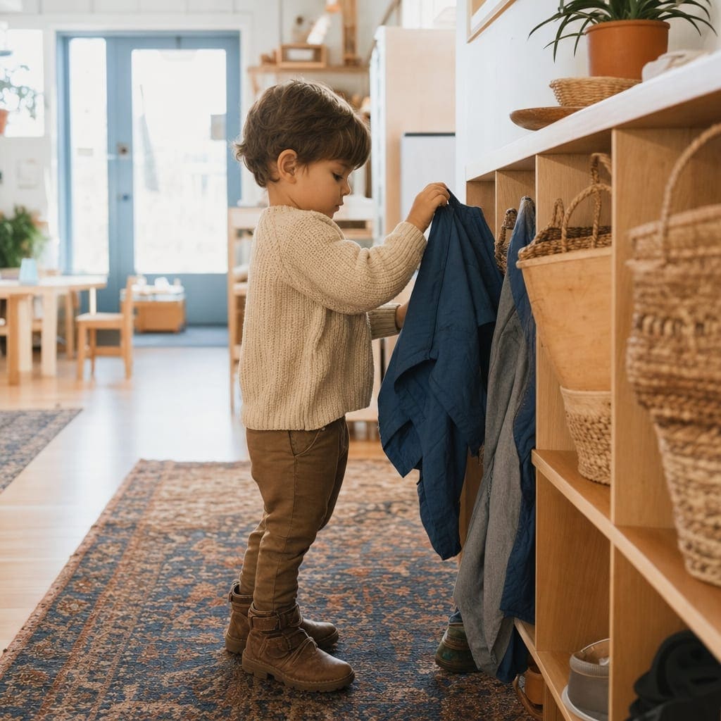 A child hanging their coat on a low hook at arrival
