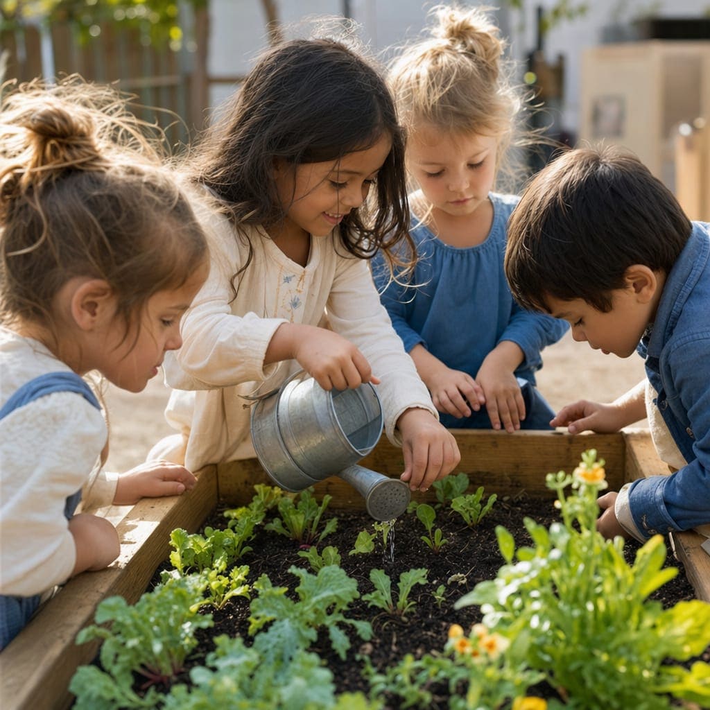 A child watering plants in the garden