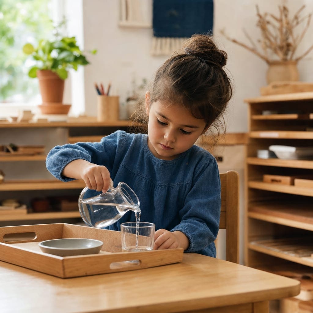 A child pouring water in a practical-life work