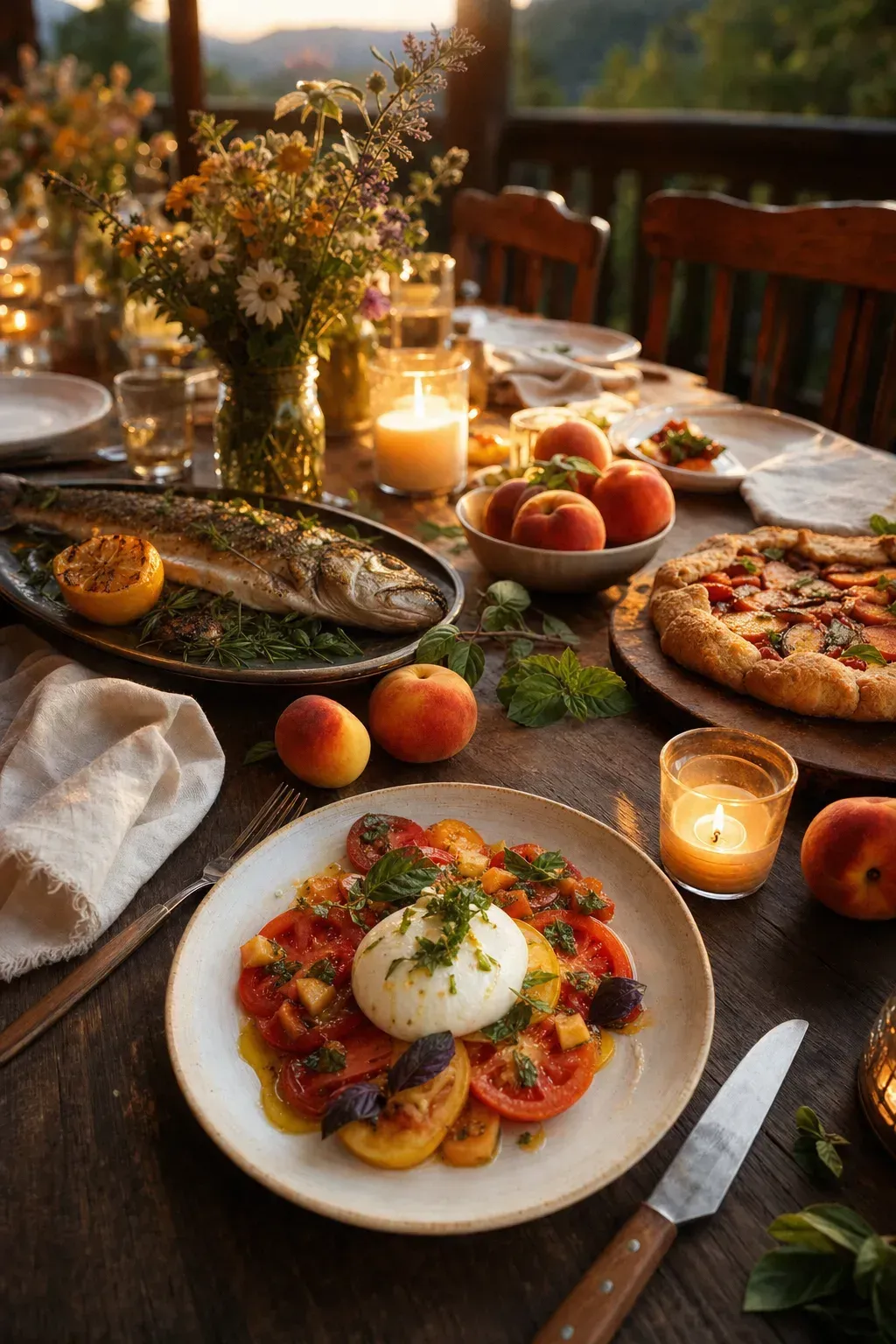 A summer table with heirloom tomatoes, grilled trout and Palisade peaches in evening light