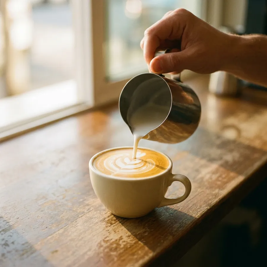 A rosetta being poured into a cream-coloured cup.