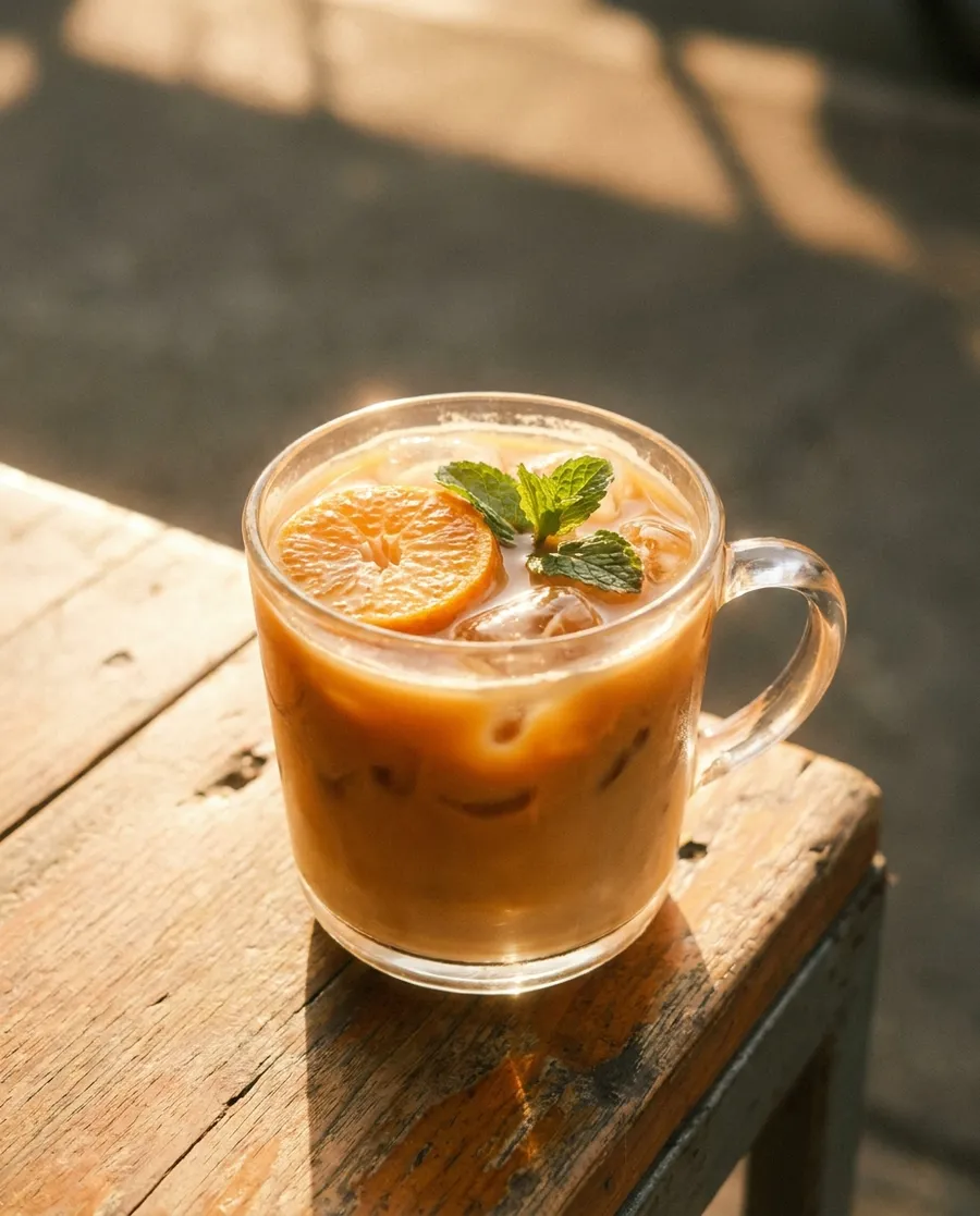 Clementine cold brew backlit on a wooden market table.