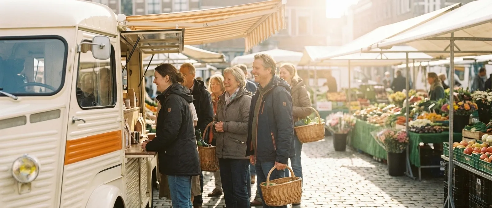 A short, cheerful line of people at the Clementine van on a backlit market morning.