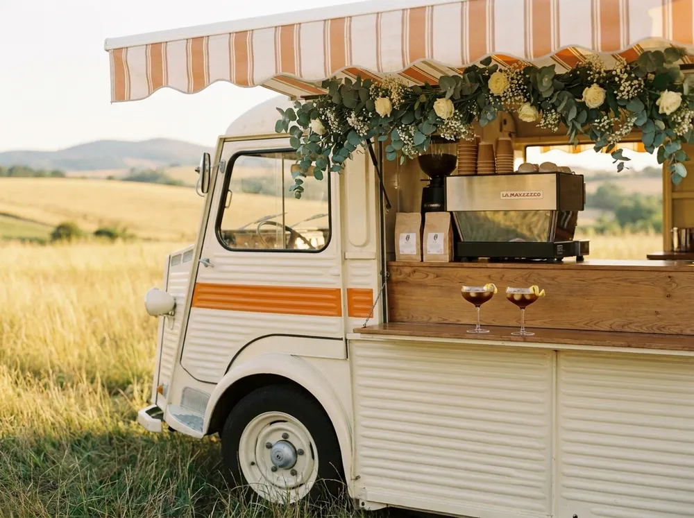 The van styled for a wedding, garland on the awning, iced coffee in coupe glasses.