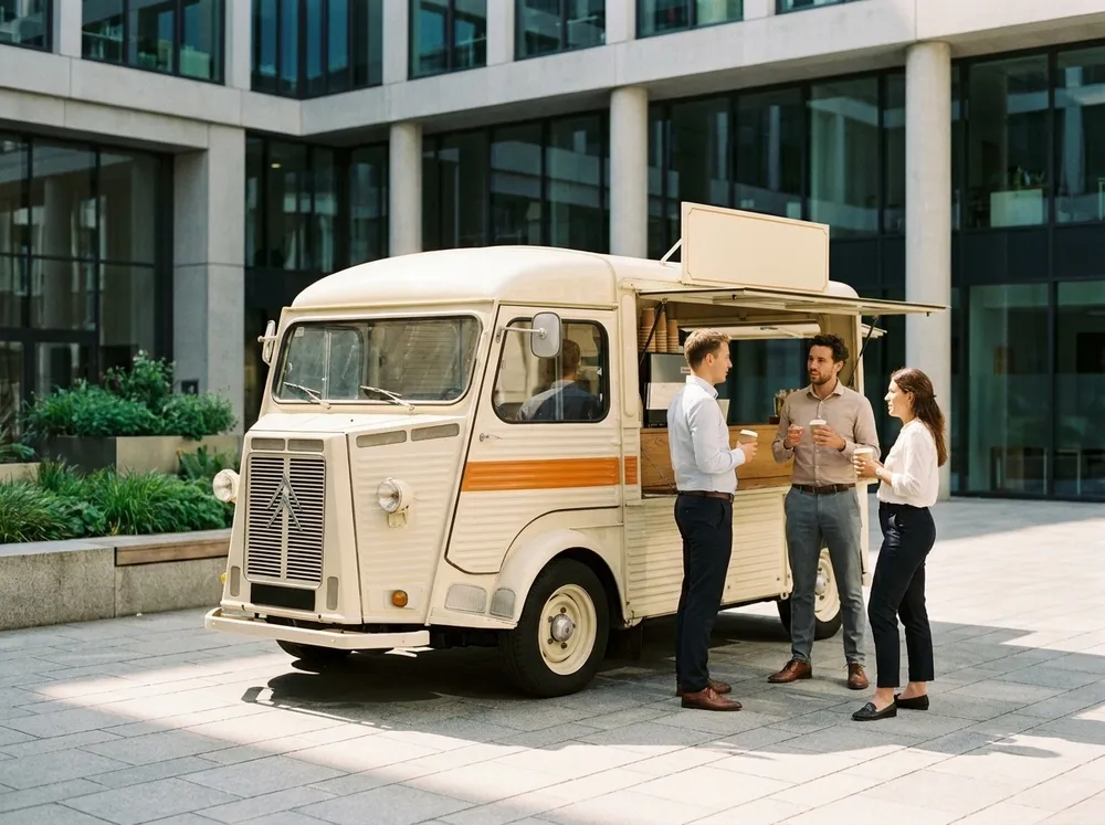 The van parked in an office courtyard with a small group chatting over cups.