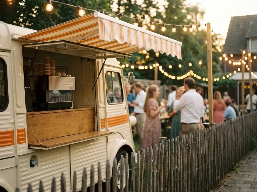 The van at a backyard party at dusk under string lights.