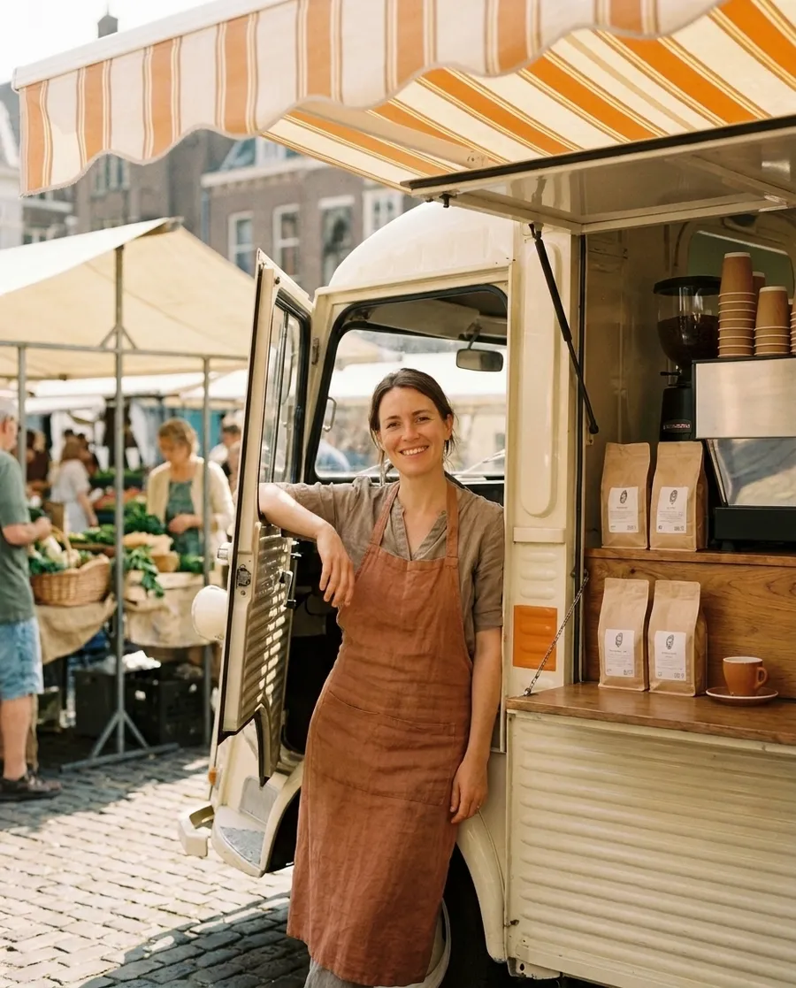 Nora in a clay-toned apron, leaning on the open door of the van.