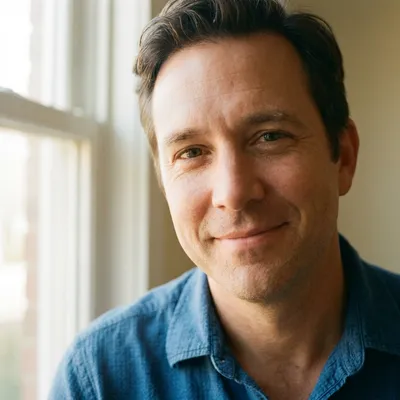 Mark, in office-casual clothes by a window.