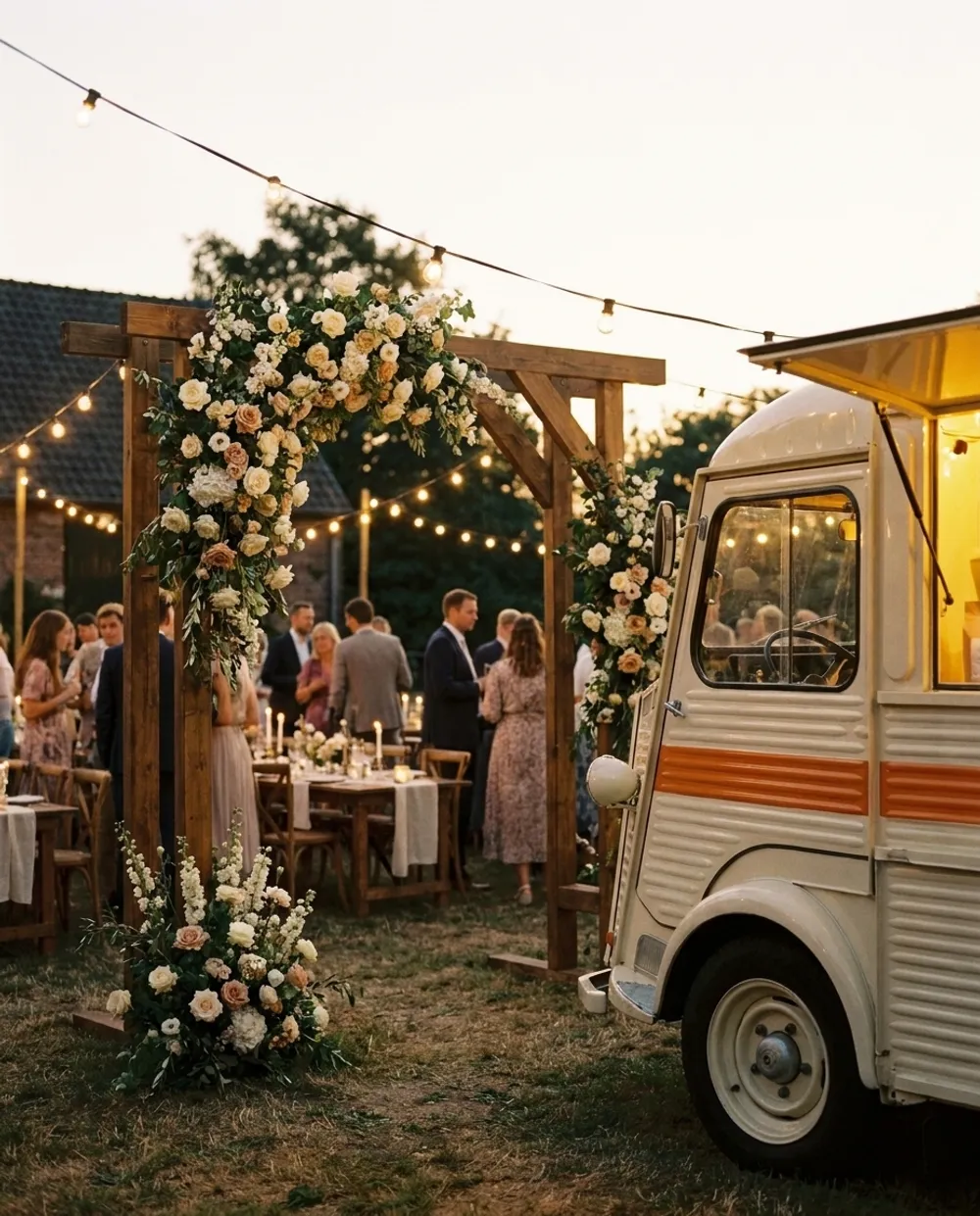 A wedding reception at dusk with the van glowing warm at the edge of the frame.