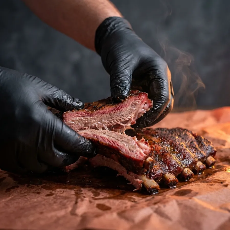 Gloved hands pulling apart smoked pork ribs, smoke ring visible along the cut.