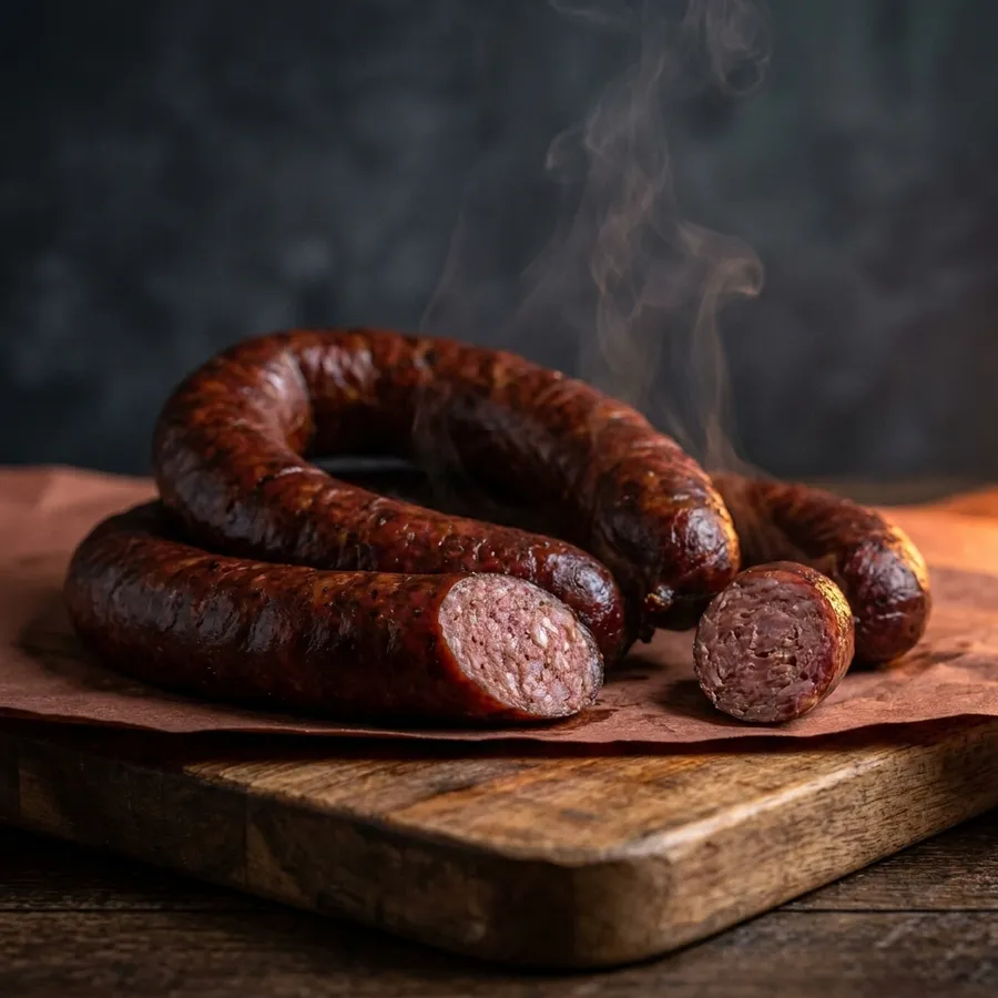 Coiled links of house sausage on a board, one sliced open to show the coarse grind.