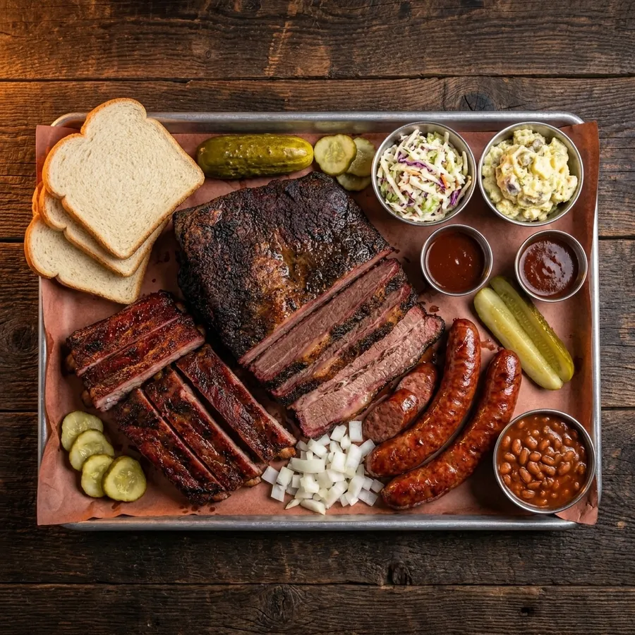 Overhead tray of brisket, ribs, sausage, white bread, pickles and onions on butcher paper.