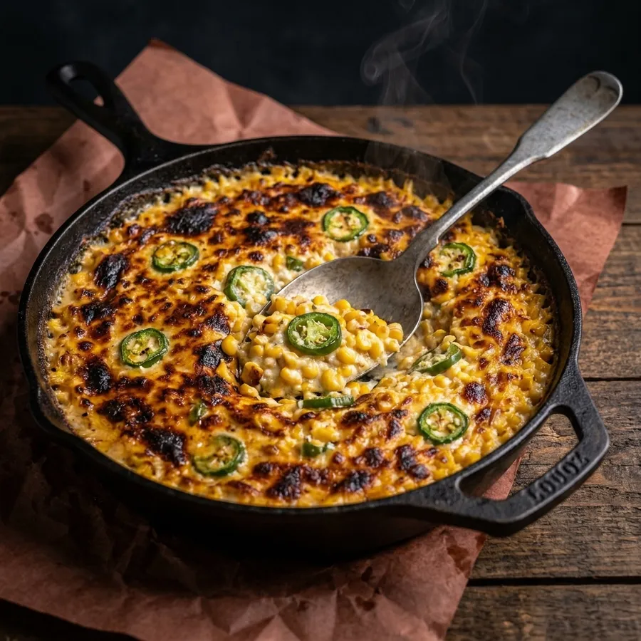 Cast-iron pan of jalapeño creamed corn with charred edges, spoon resting in it.