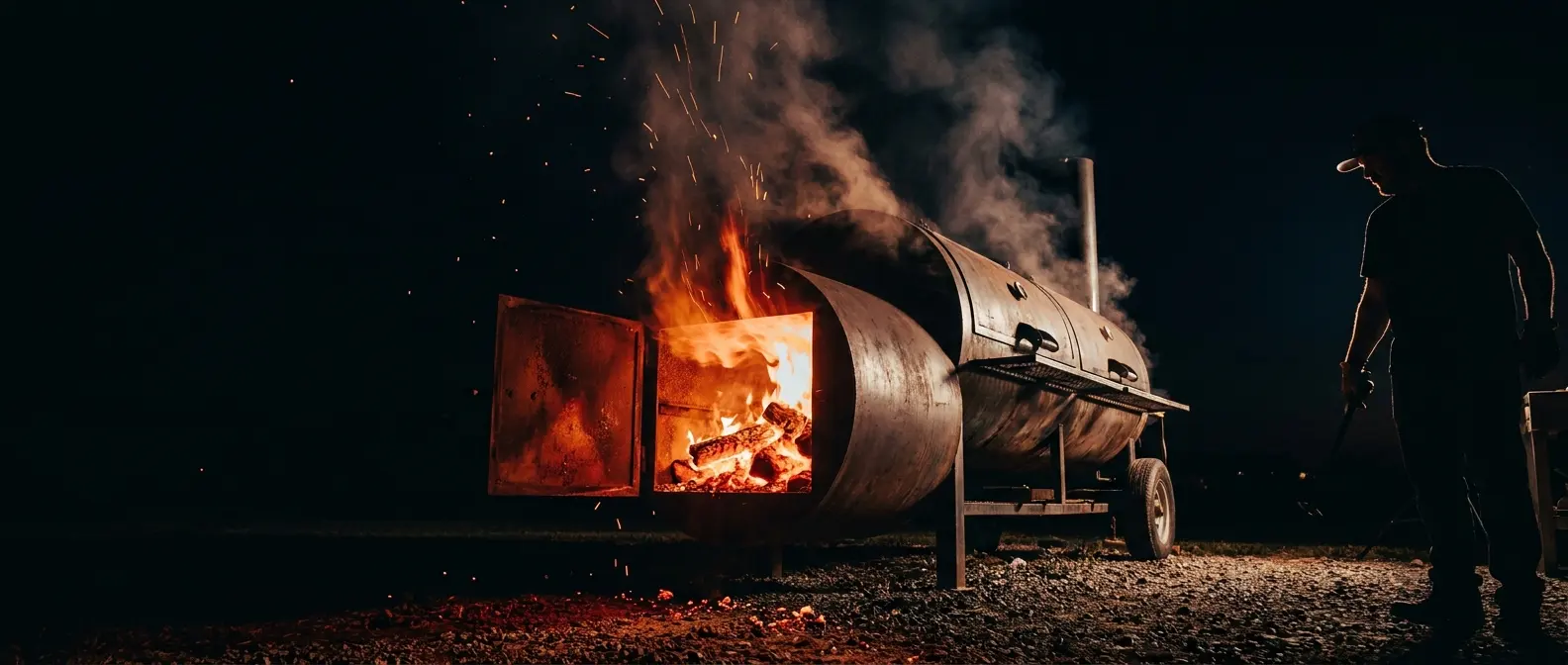 A large offset smoker at night with the firebox open, orange fire and rolling smoke, a pitmaster silhouetted at the edge.