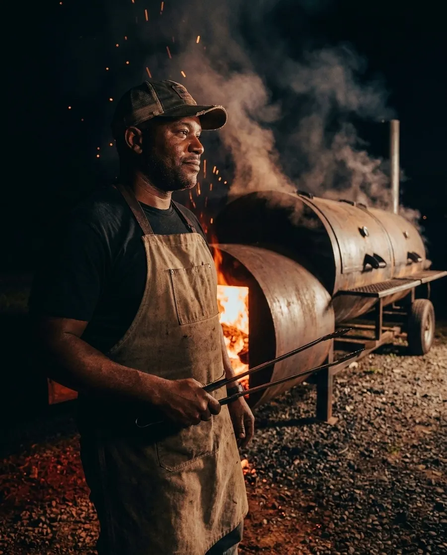 Ray Calloway in a weathered apron and cap, holding long tongs beside his smoker at night, face lit by the firebox.